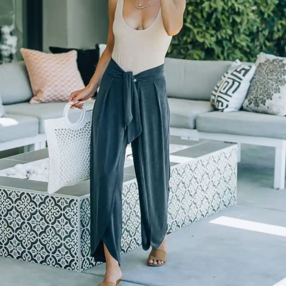 NEW GRENADA TIE FRONT MODAL BLEND PANTS - CHARCOAL